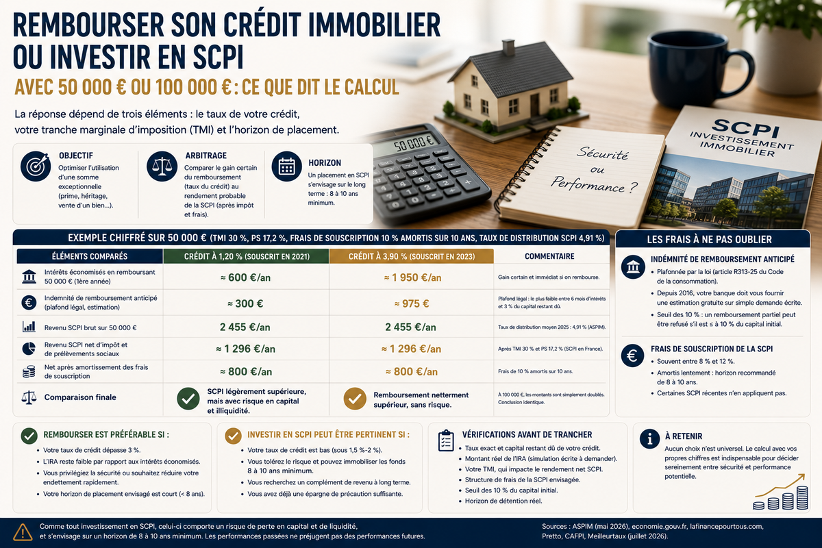 Rembourser son crédit immobilier ou investir en SCPI avec 50 000 € ou 100 000 € : ce que dit le calcul