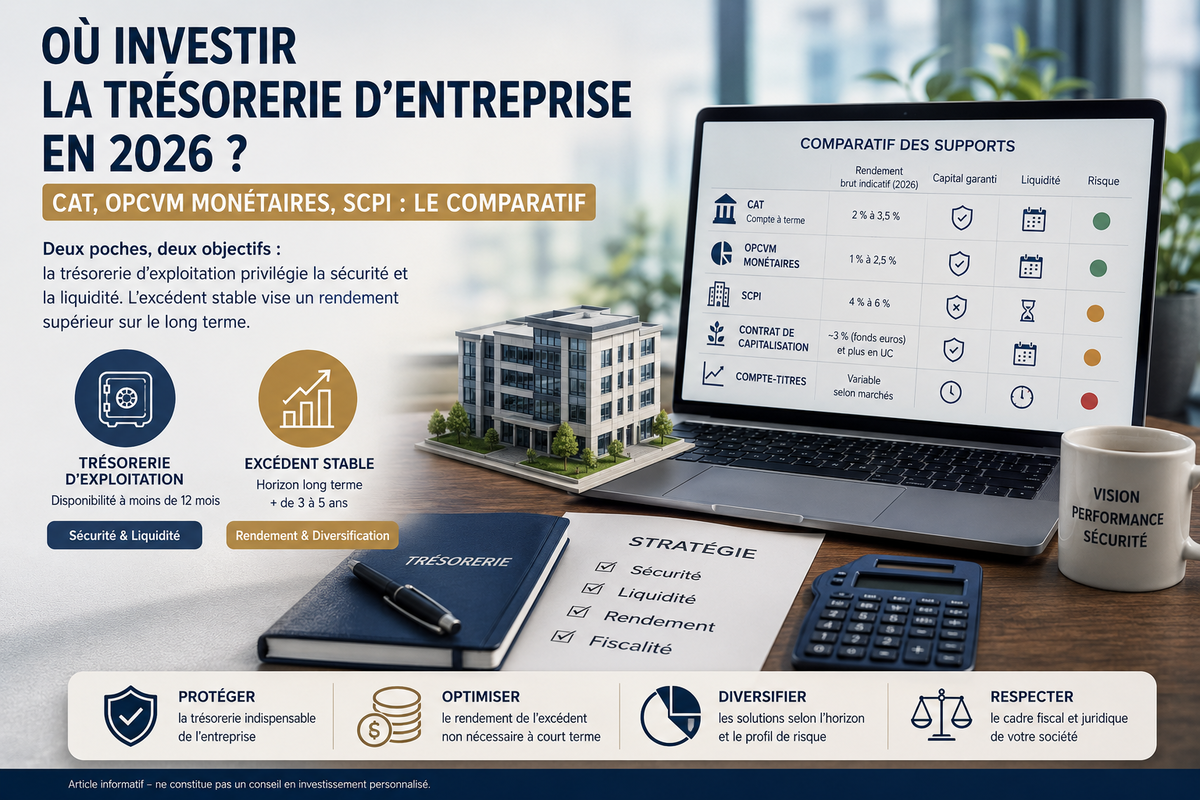 Où investir la trésorerie d'entreprise en 2026 ? CAT, OPCVM monétaires, SCPI : le comparatif
