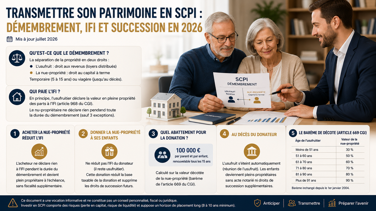 Transmettre son patrimoine en SCPI : démembrement, IFI et succession en 2026