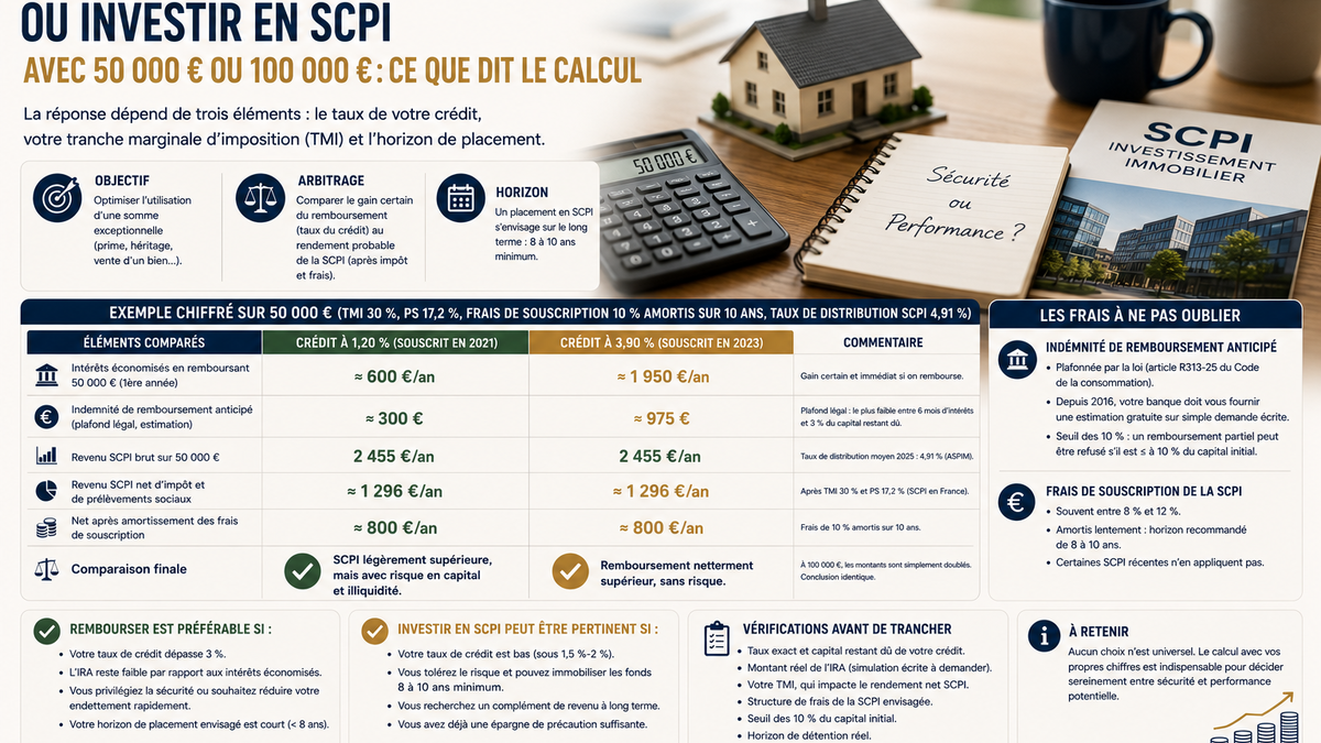 Rembourser son crédit immobilier ou investir en SCPI avec 50 000 € ou 100 000 € : ce que dit le calcul