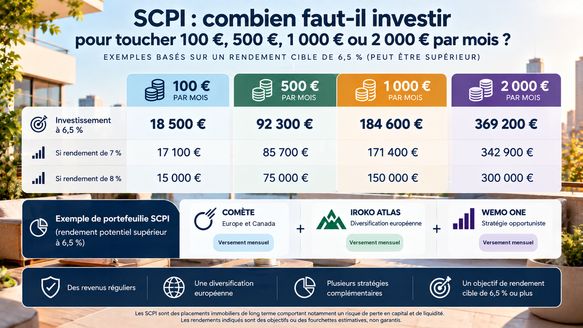 SCPI : combien faut-il investir pour toucher 100 €, 500 €, 1 000 € ou 2 000 € par mois ?