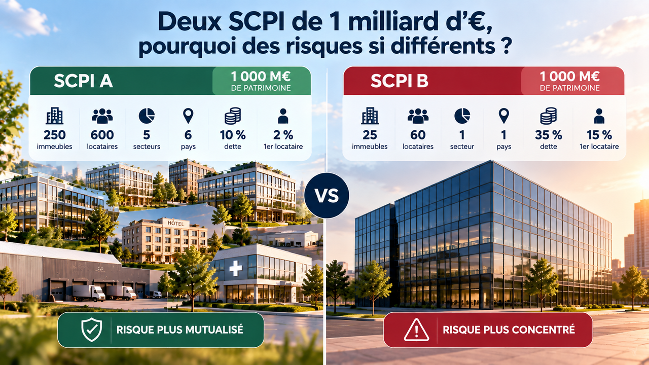 Comparaison de deux SCPI fictives de 1 milliard d'euros de patrimoine : la SCPI A répartie sur 250 immeubles, 600 locataires, 5 secteurs et 6 pays avec 10 % de dette, la SCPI B concentrée sur 25 immeubles, 60 locataires, 1 secteur et 1 pays avec 35 % de dette