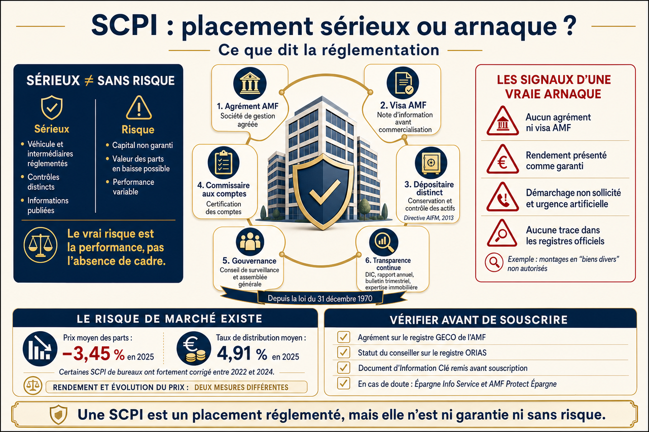 Les garanties réglementaires d'une SCPI et les quatre vérifications à faire avant de souscrire : agrément AMF de la société de gestion, statut ORIAS du conseiller, Document d'Information Clé, consultation des registres publics